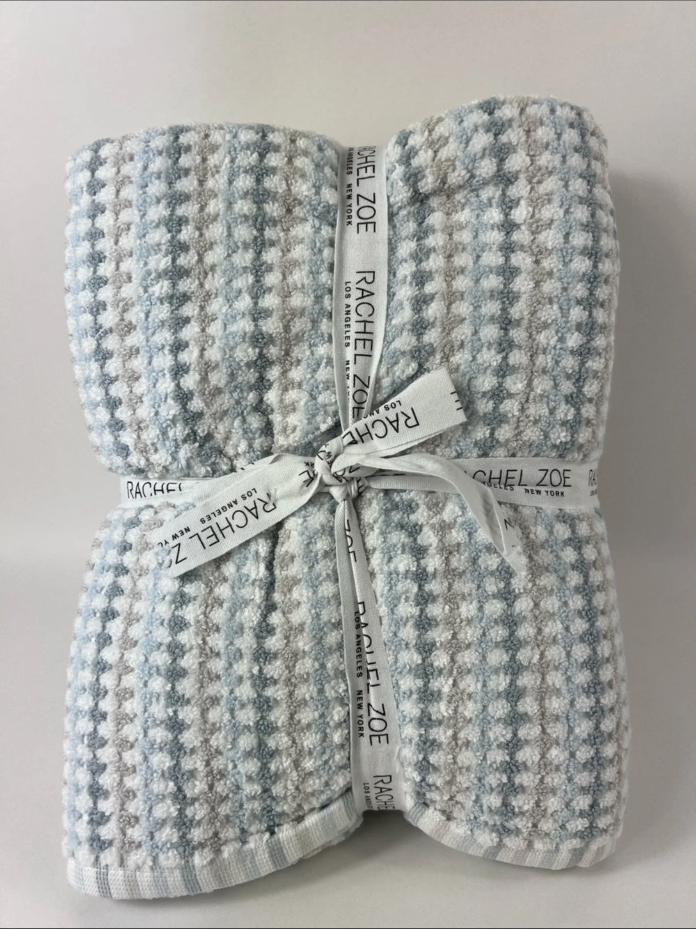 Rachel Zoe Towel Set Blue Tan White Waffle Weave Soft 100% Cotton 6 Pc Set NEW